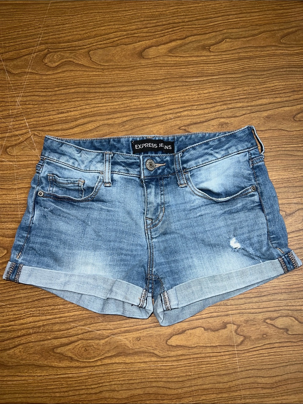 Express Washed Blue Rolled Hem Denim Shorts